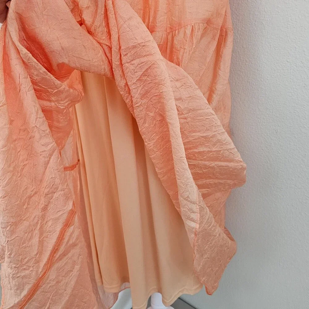 MOON RIVER Womens Sz S Puff Sleeve Tiered Back cutout Midi Dress Coral Cocktail - Picture 8 of 16